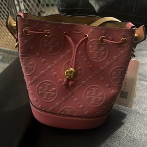 Tory Burch T Monogram Contrast Embossed Mini Bucket Bag Rose Pink